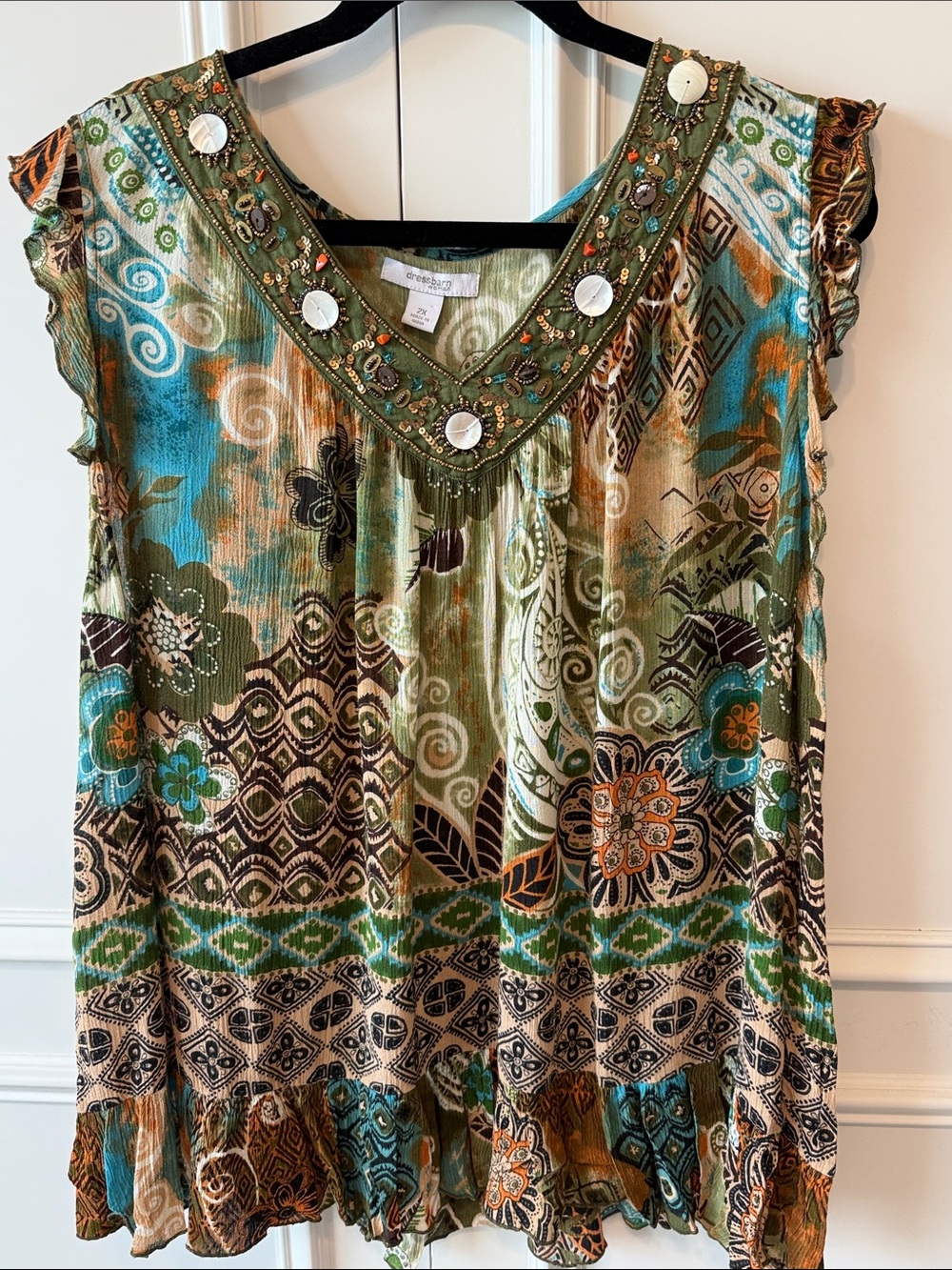 Dress Barn Green Teal Brown Embellished Sleeveless Tank Top